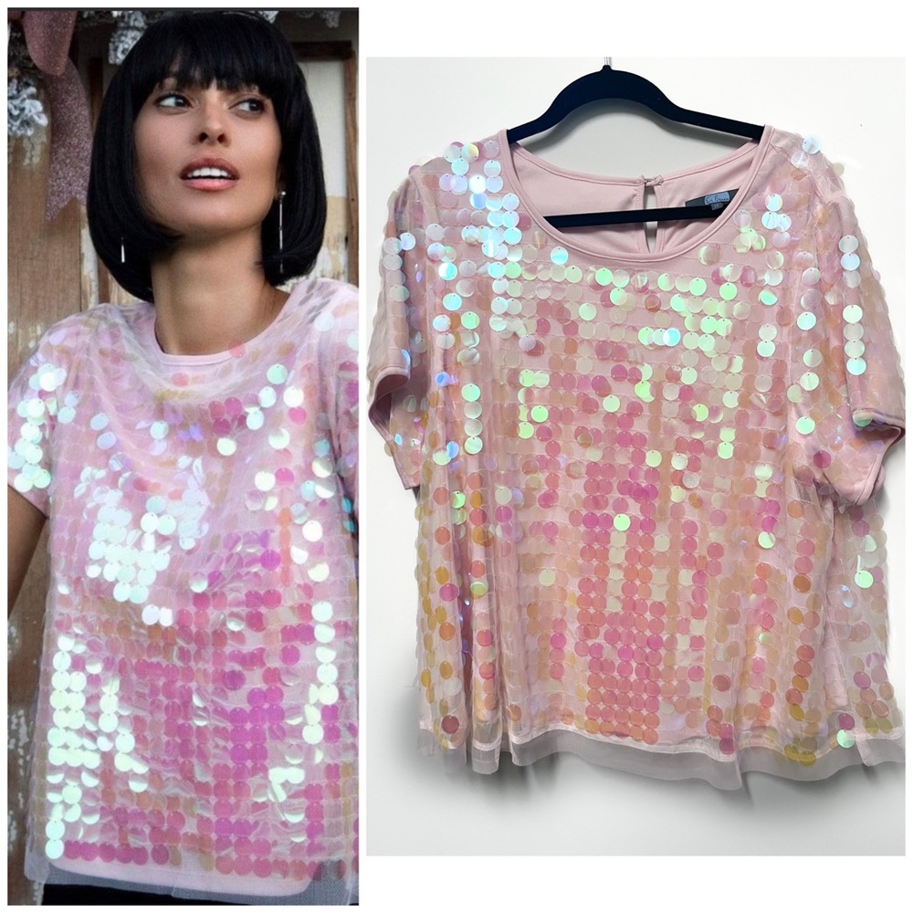 Anthropologie | Eva Franco Pink Sequined Top (Size 1X)